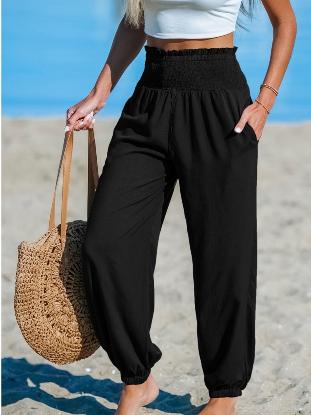 Cupshe Black High-Waist Smocked Jogger Pants